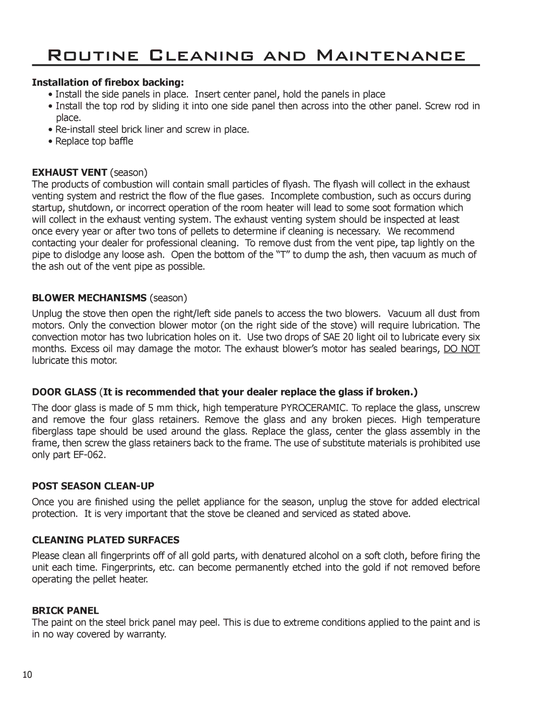 Enviro EF3 owner manual Post Season CLEAN-UP, Cleaning Plated Surfaces, Brick Panel 