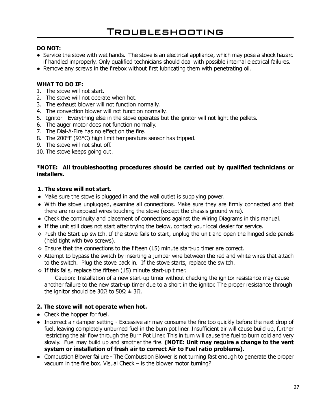 Enviro EF3 owner manual Troubleshooting, Do not, What to do if, Stove will not start 