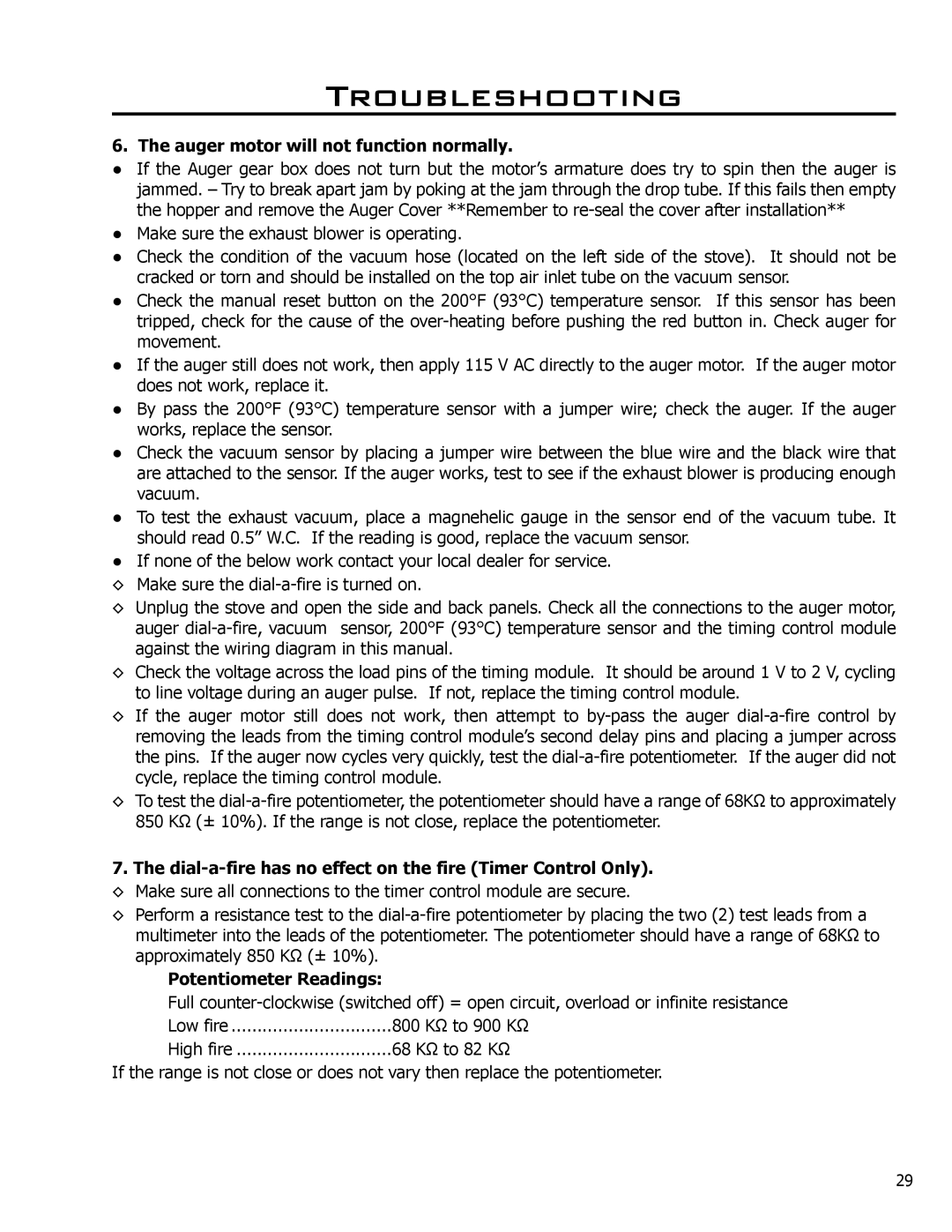 Enviro EF3 owner manual Auger motor will not function normally, Dial-a-fire has no effect on the fire Timer Control Only 