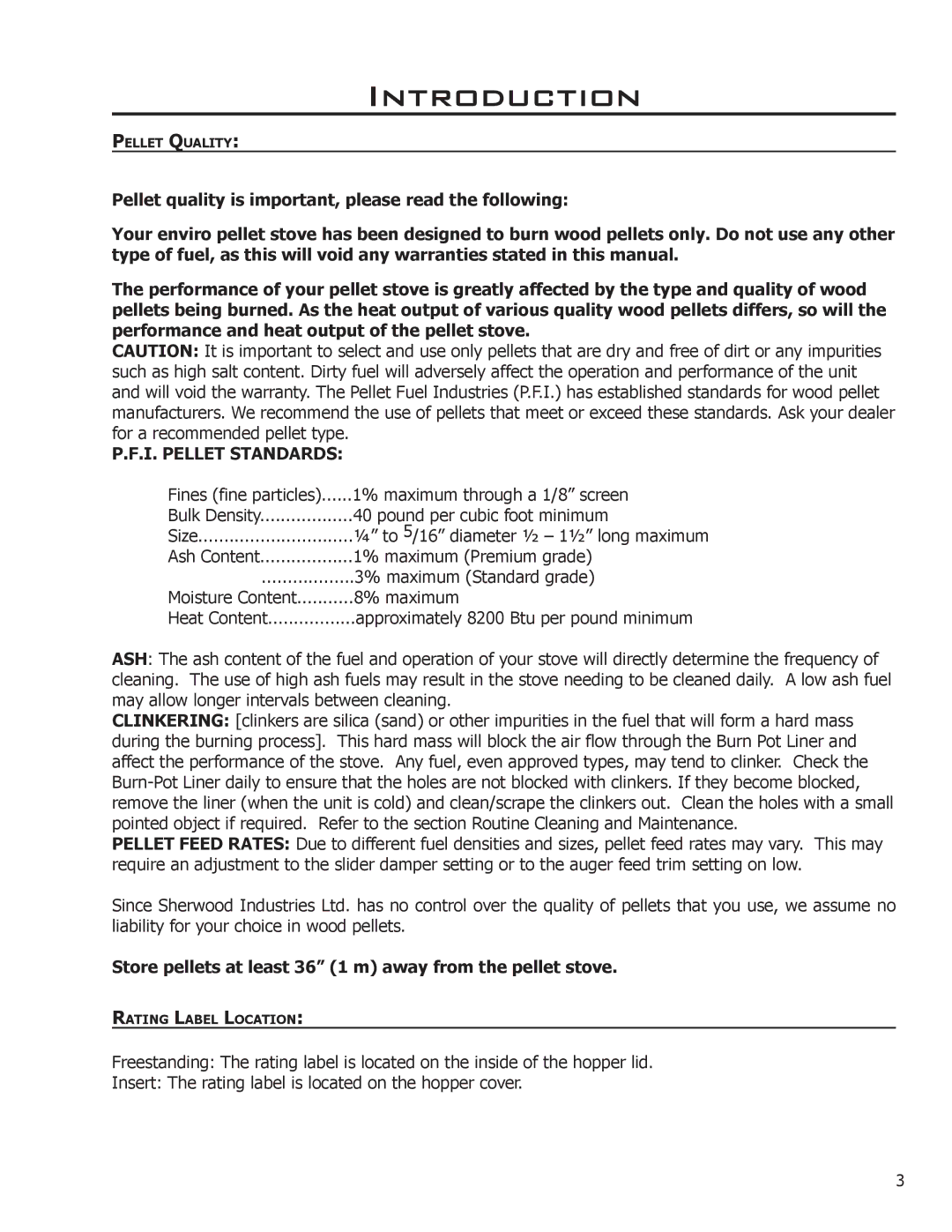 Enviro EF3 owner manual Introduction, I. Pellet Standards, Store pellets at least 36 1 m away from the pellet stove 