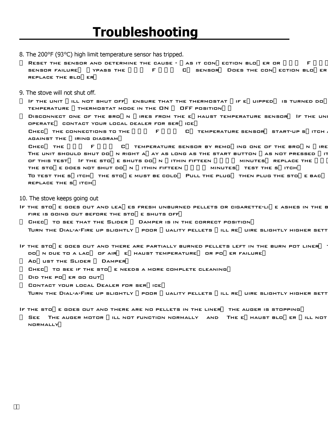 Enviro EF3 owner manual 200F 93C high limit temperature sensor has tripped, Stove will not shut off, Stove keeps going out 