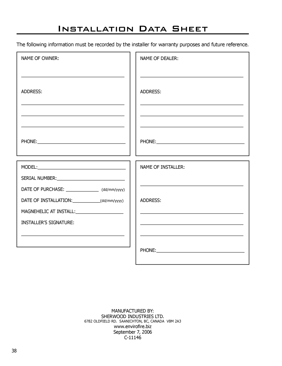 Enviro EF3 owner manual Installation Data Sheet, Name of Owner Address 