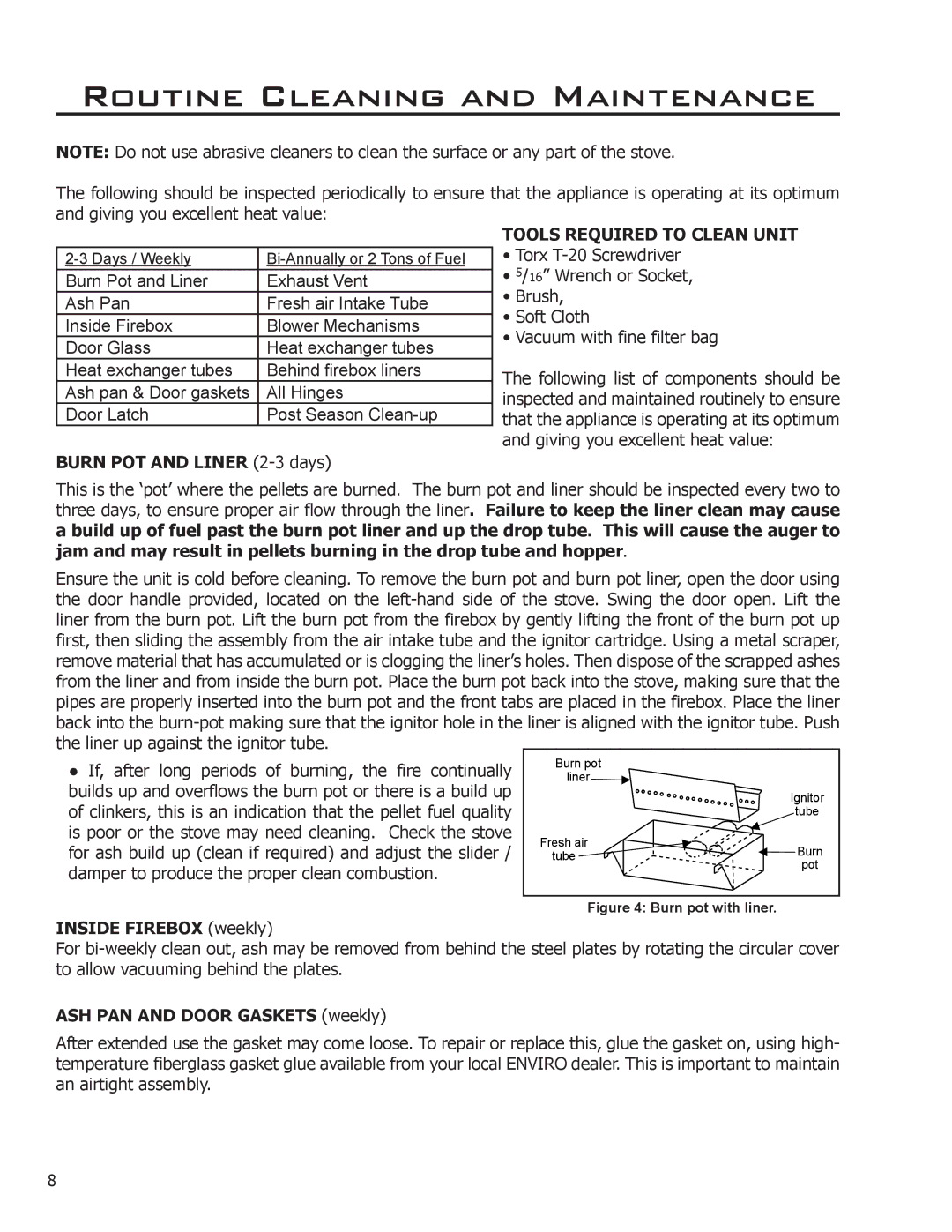 Enviro EF3 owner manual Routine Cleaning and Maintenance, Burn POT and Liner 2-3 days, Tools Required to Clean Unit 