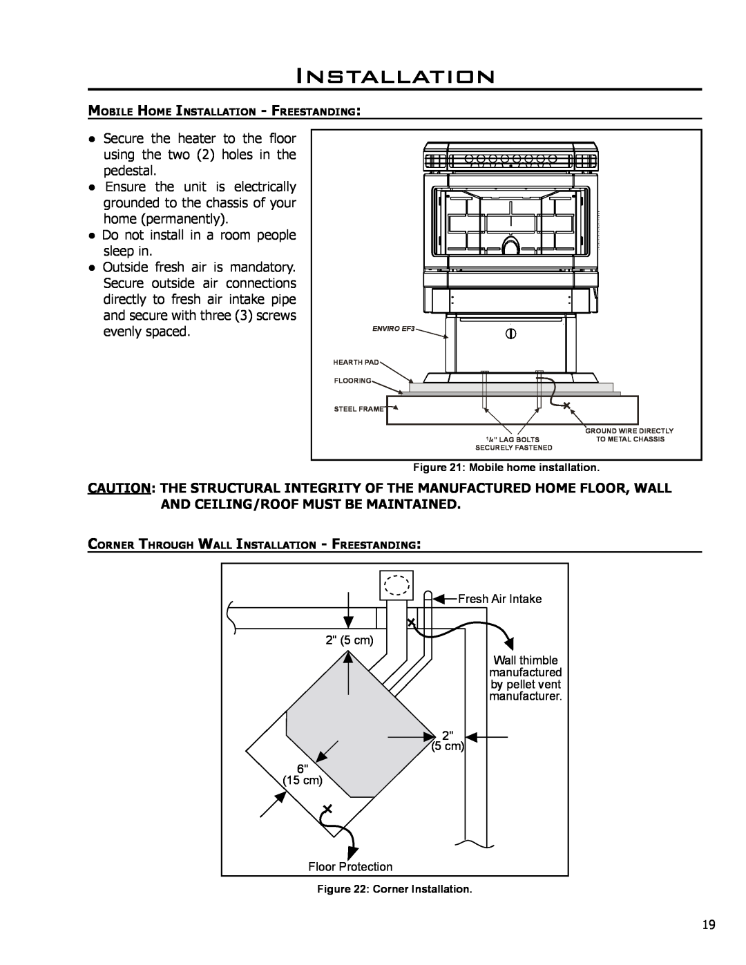 Enviro EF3 owner manual Installation, Do not install in a room people sleep in 
