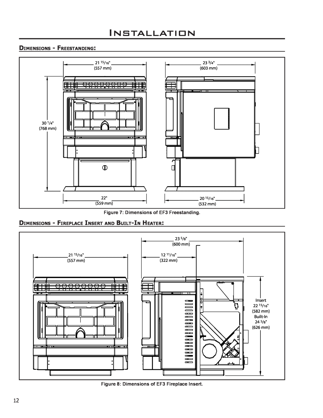 Enviro Installation, Dimensions of EF3 Freestanding, Dimensions of EF3 Fireplace Insert, Dimensions - Freestanding 