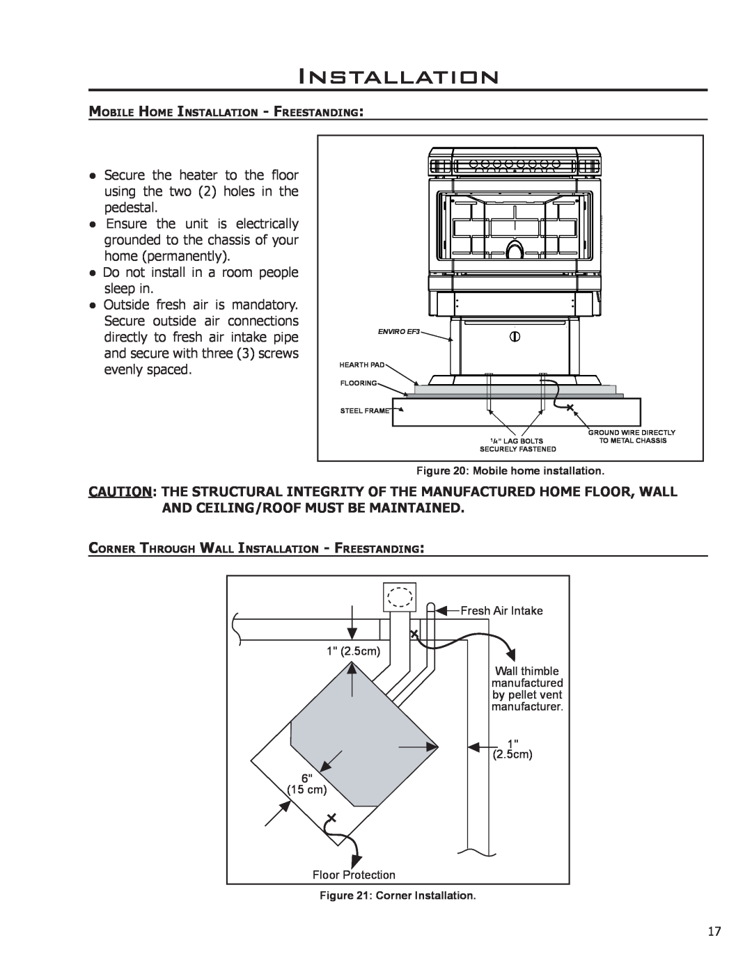 Enviro EF3 owner manual Installation, Do not install in a room people sleep in 