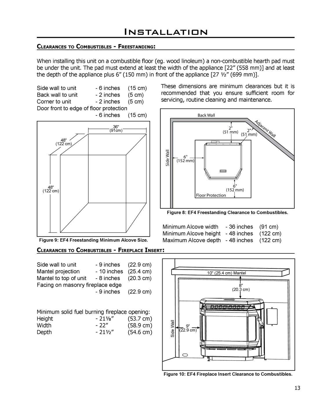 Enviro EF4 owner manual Minimum solid fuel burning fireplace opening Height 211⁄8 