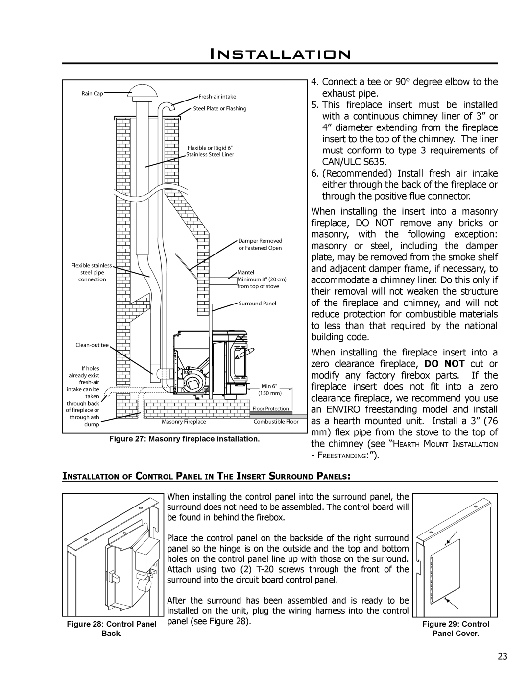 Enviro EF4 owner manual Masonry fireplace installation 