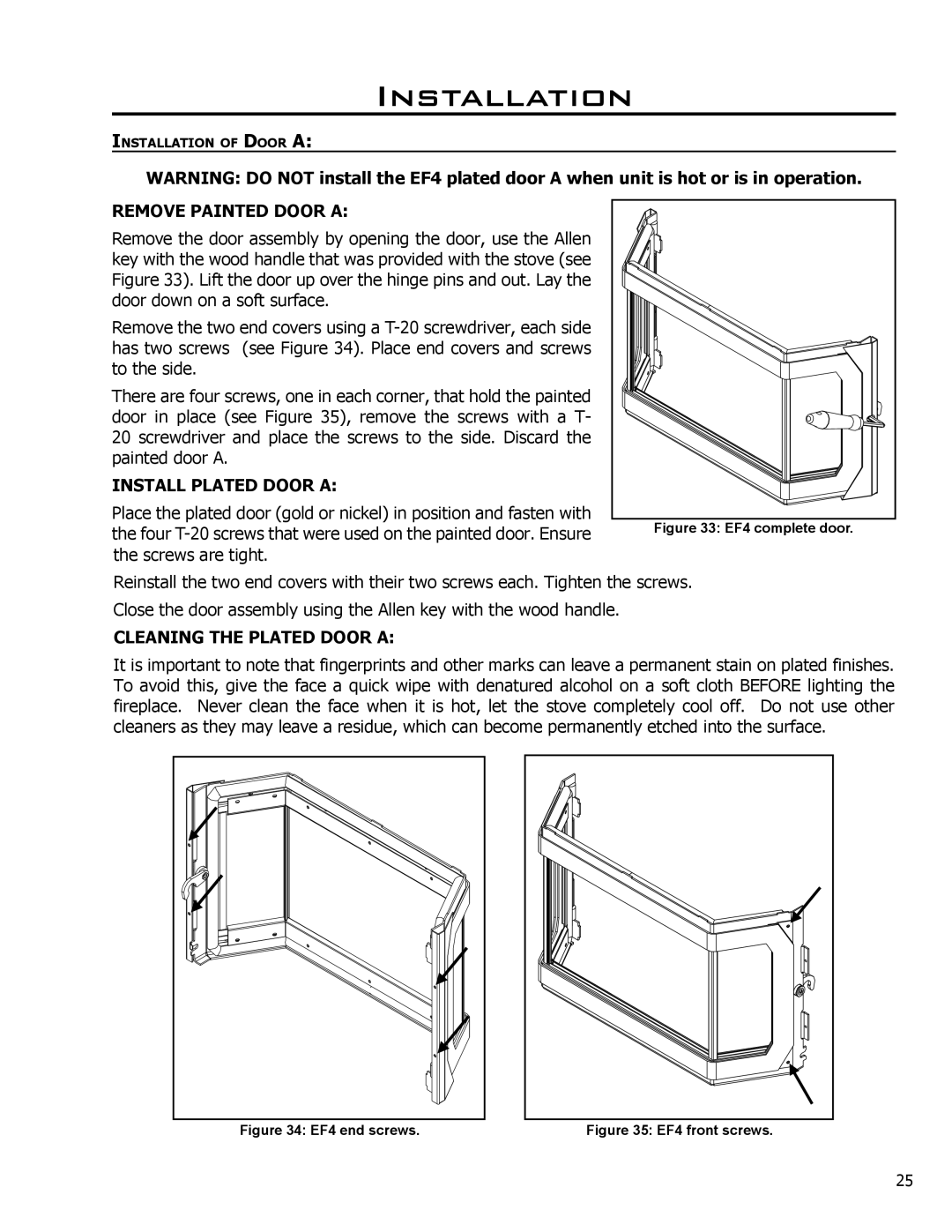 Enviro EF4 owner manual Remove Painted Door a, Install Plated Door a, Cleaning the Plated Door a 