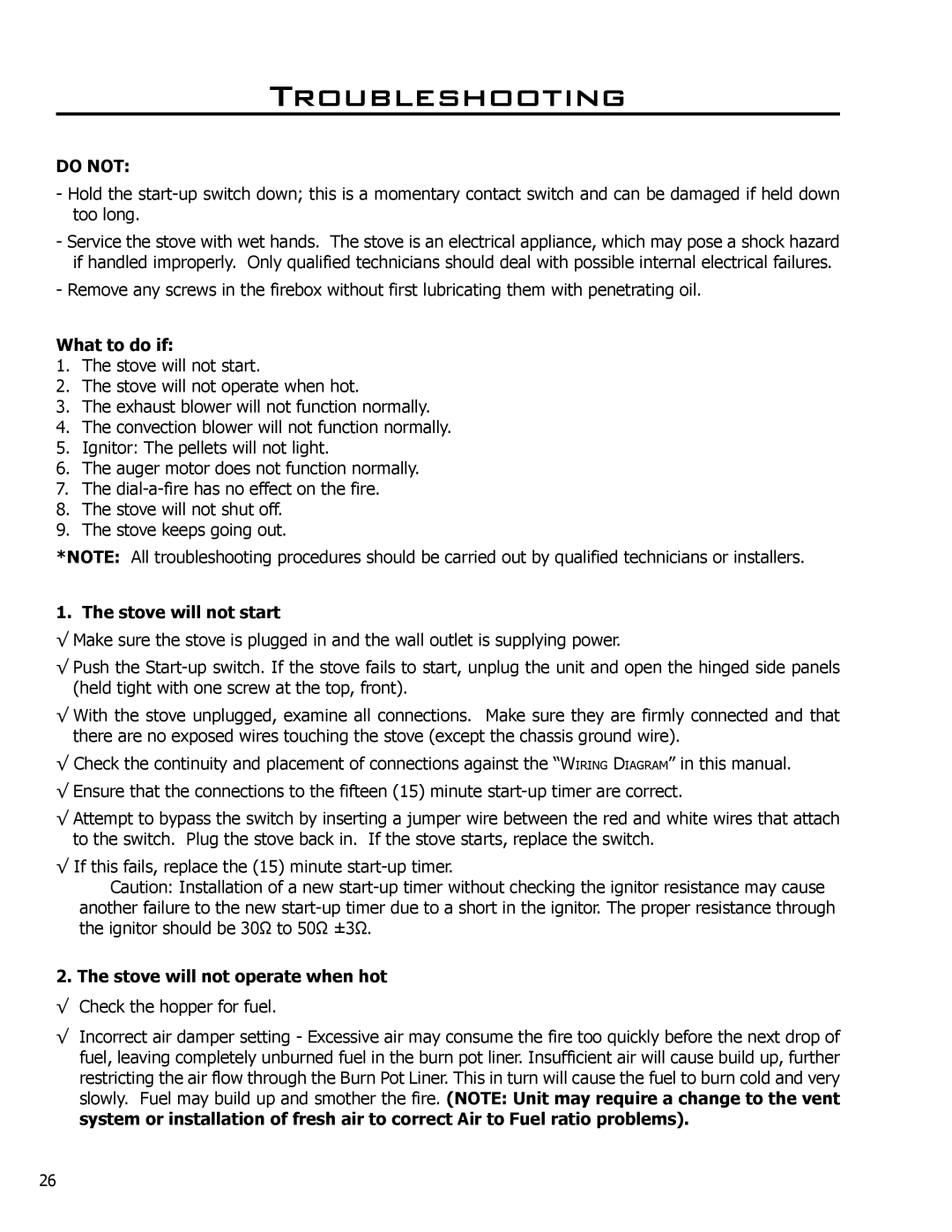 Enviro EF4 owner manual Troubleshooting, Do not, What to do if, Stove will not start 