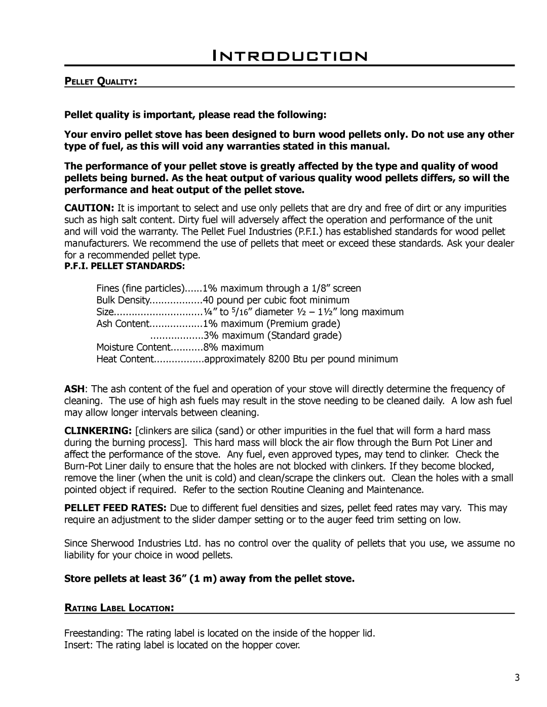 Enviro EF4 owner manual Introduction, Store pellets at least 36 1 m away from the pellet stove 