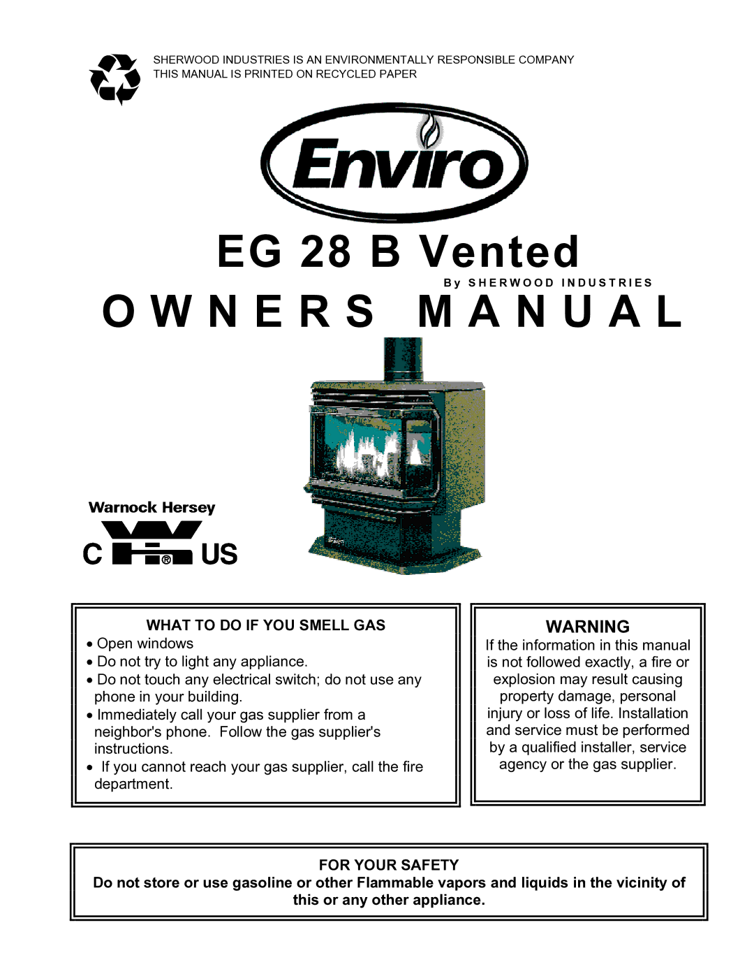 Enviro EG 28 B owner manual What to do if YOU Smell GAS, For Your Safety 