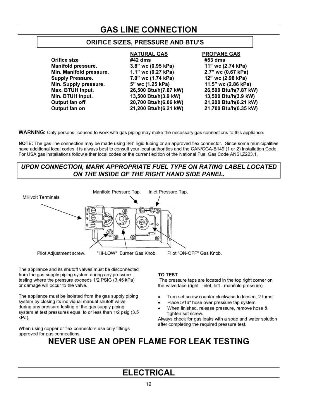 Enviro EG 28 B GAS Line Connection, Never USE AN Open Flame for Leak Testing Electrical, Orifice SIZES, Pressure and BTU’S 