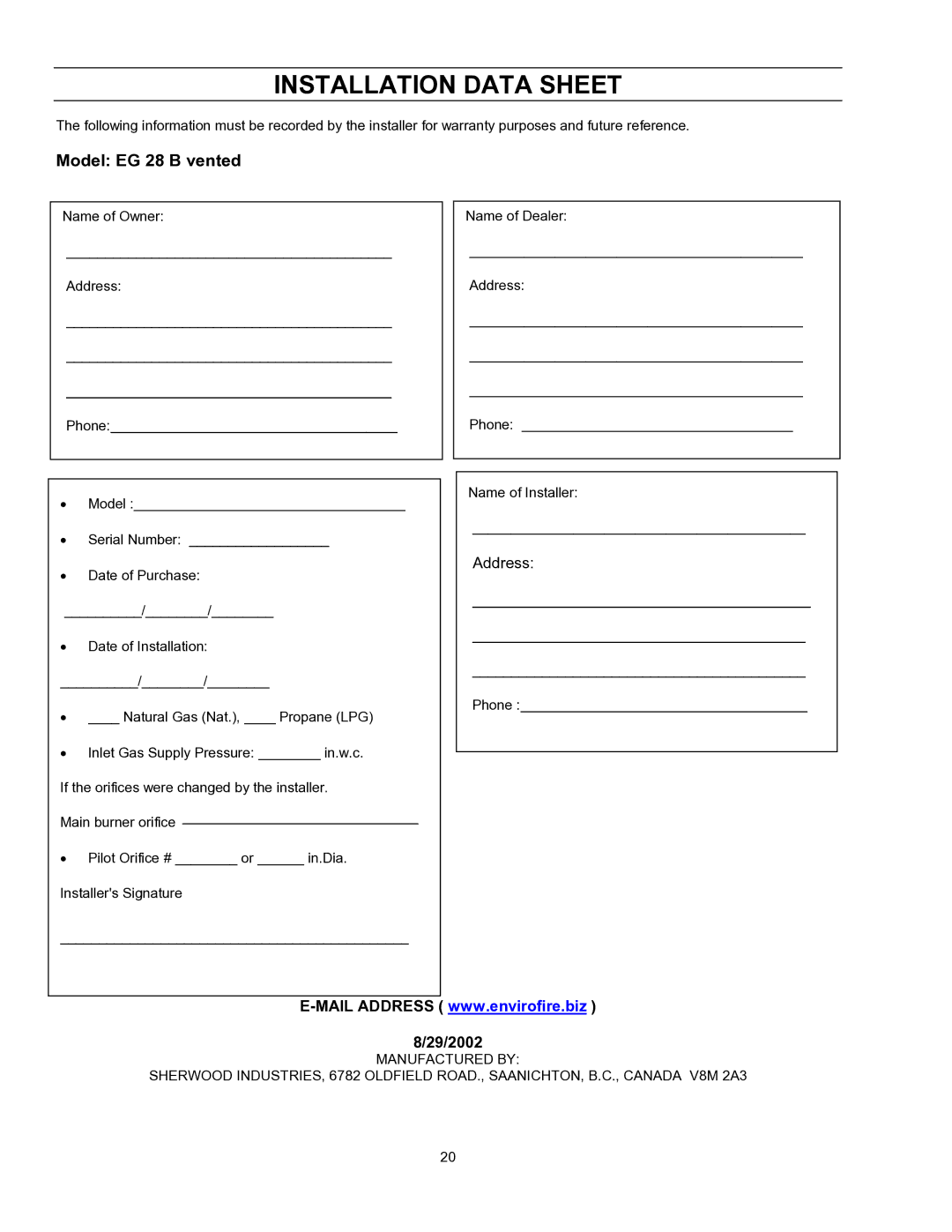 Enviro EG 28 B owner manual Installation Data Sheet, 29/2002 