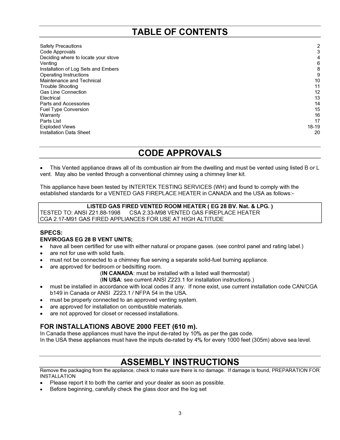 Enviro EG 28 B owner manual Table of Contents, Code Approvals, Assembly Instructions 