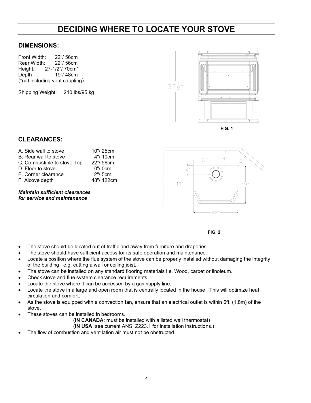 Enviro EG 28 B owner manual Deciding Where to Locate Your Stove, Dimensions, Clearances 