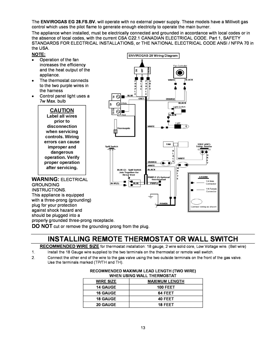 Enviro EG 28 B owner manual Installing Remote Thermostat Or Wall Switch, Label all wires prior to 