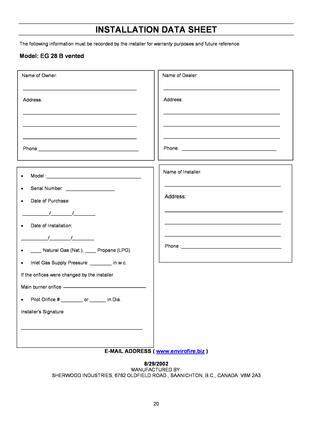 Enviro owner manual Installation Data Sheet, Model EG 28 B vented 