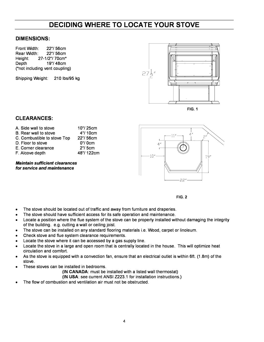 Enviro EG 28 B owner manual Deciding Where To Locate Your Stove, Dimensions, Clearances 