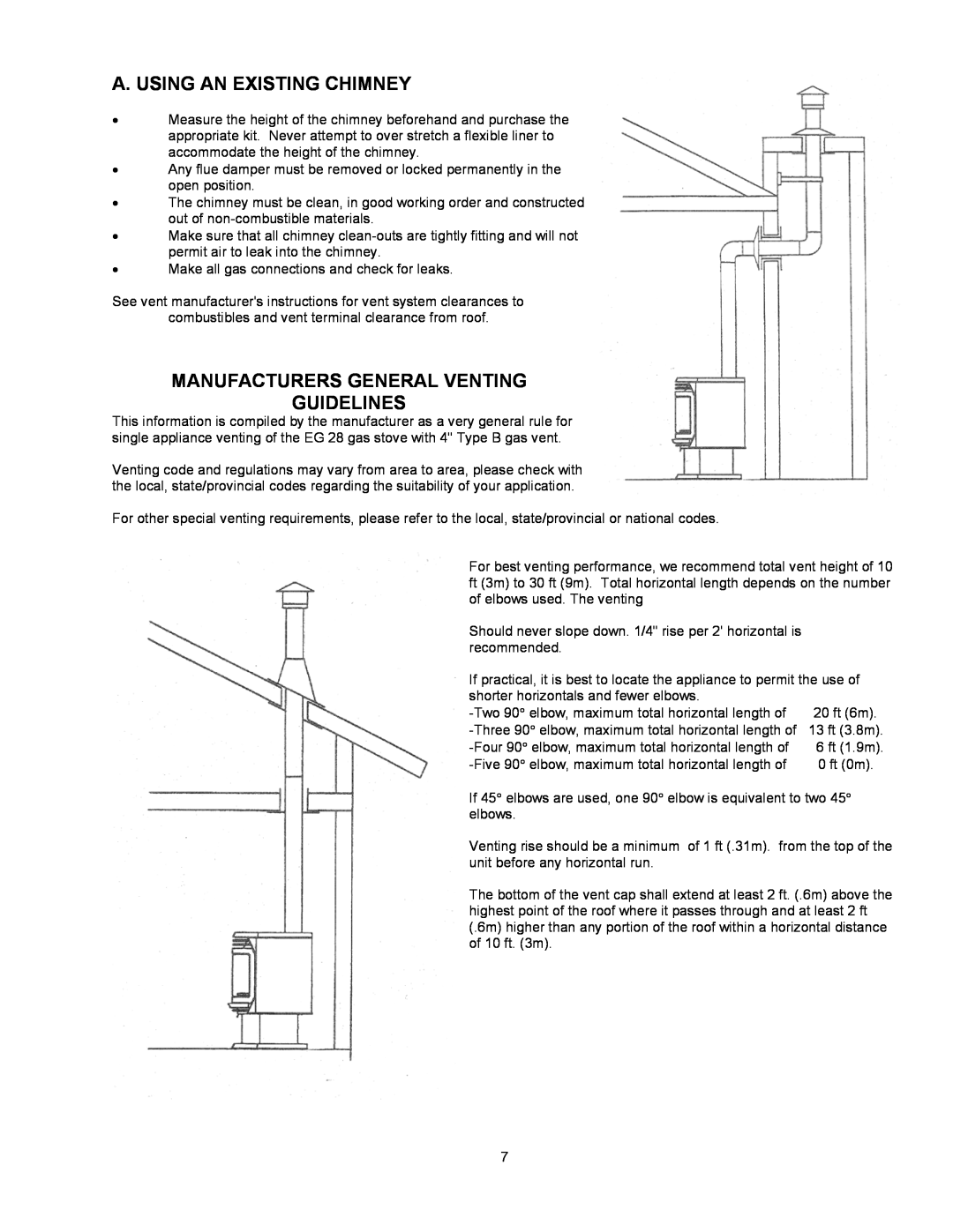 Enviro EG 28 B owner manual A. Using An Existing Chimney, Manufacturers General Venting Guidelines 