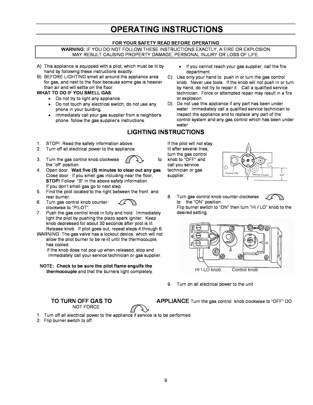Enviro EG 28 B owner manual Operating Instructions, Lighting Instructions, To Turn Off Gas To 