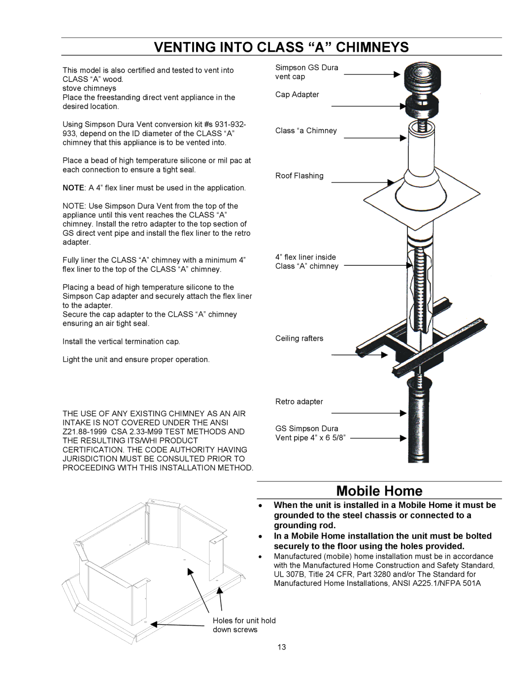 Enviro EG 28 owner manual Venting Into Class a Chimneys, Mobile Home 