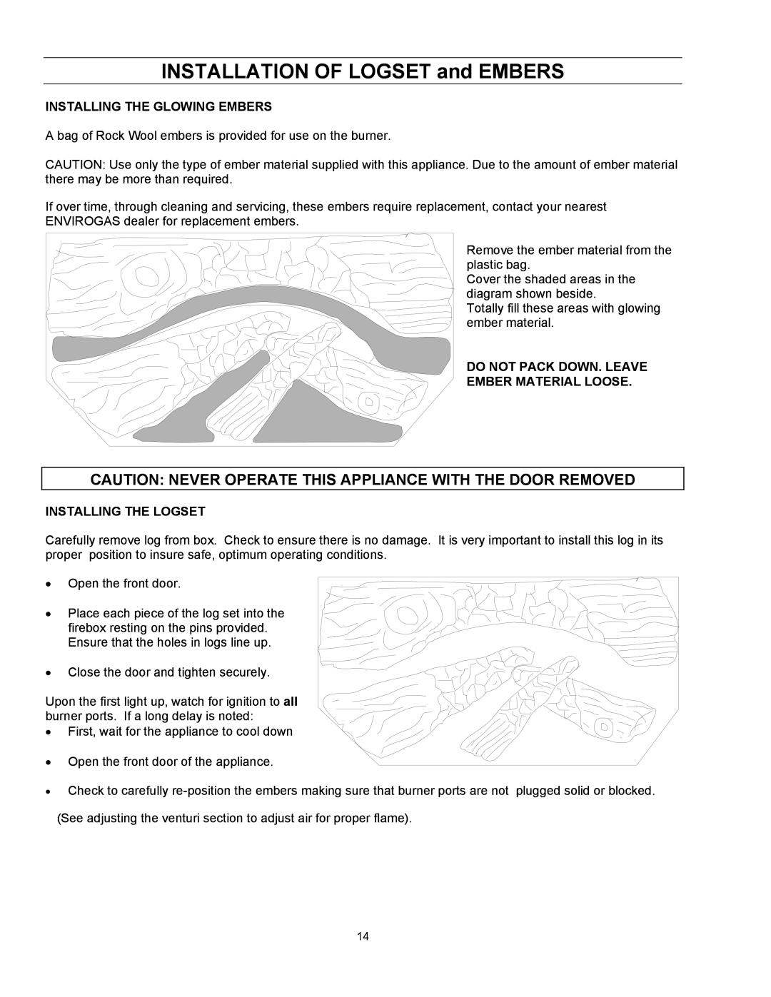 Enviro EG 28 owner manual Installation of Logset and Embers, Installing the Glowing Embers 