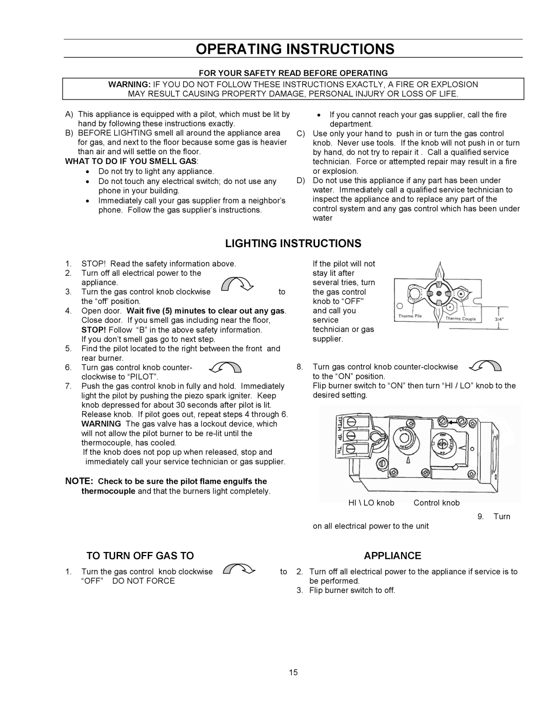 Enviro EG 28 owner manual Operating Instructions, Lighting Instructions 