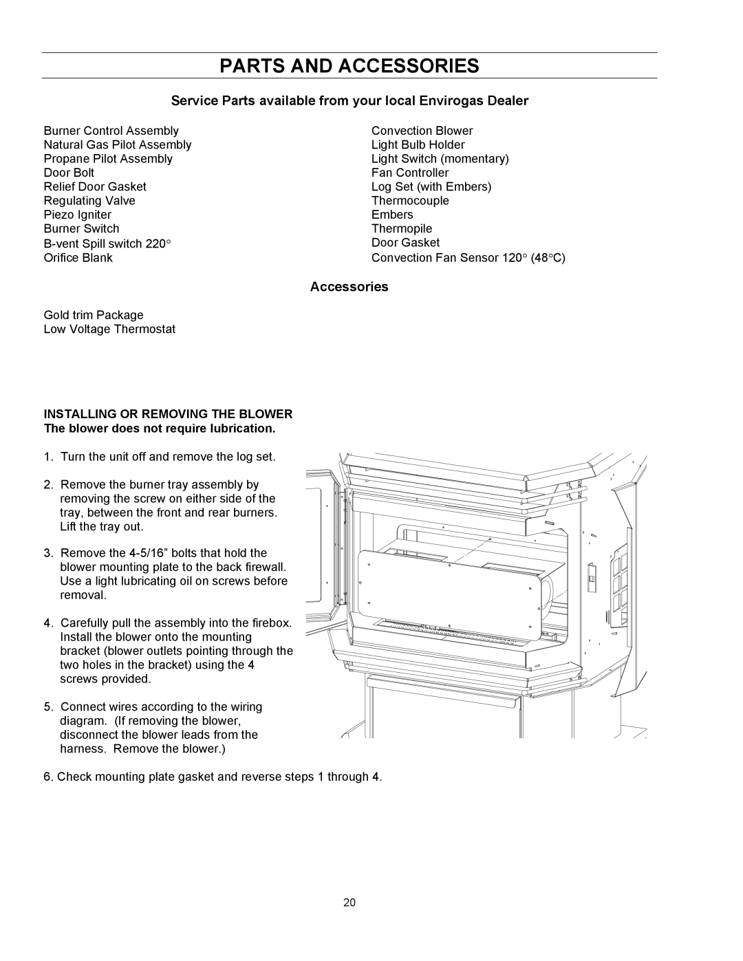 Enviro EG 28 owner manual Parts and Accessories, Installing or Removing the Blower 