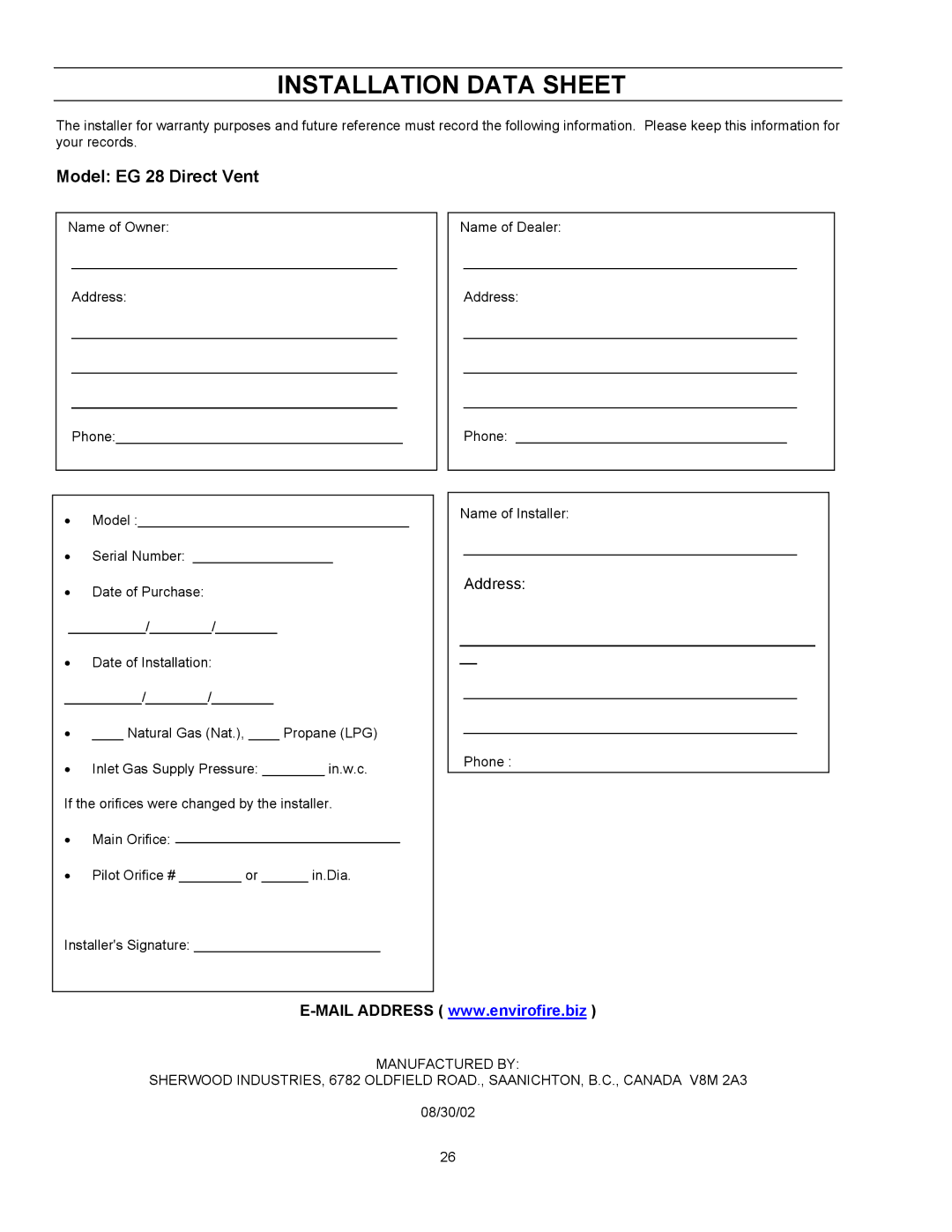 Enviro owner manual Installation Data Sheet, Model EG 28 Direct Vent 