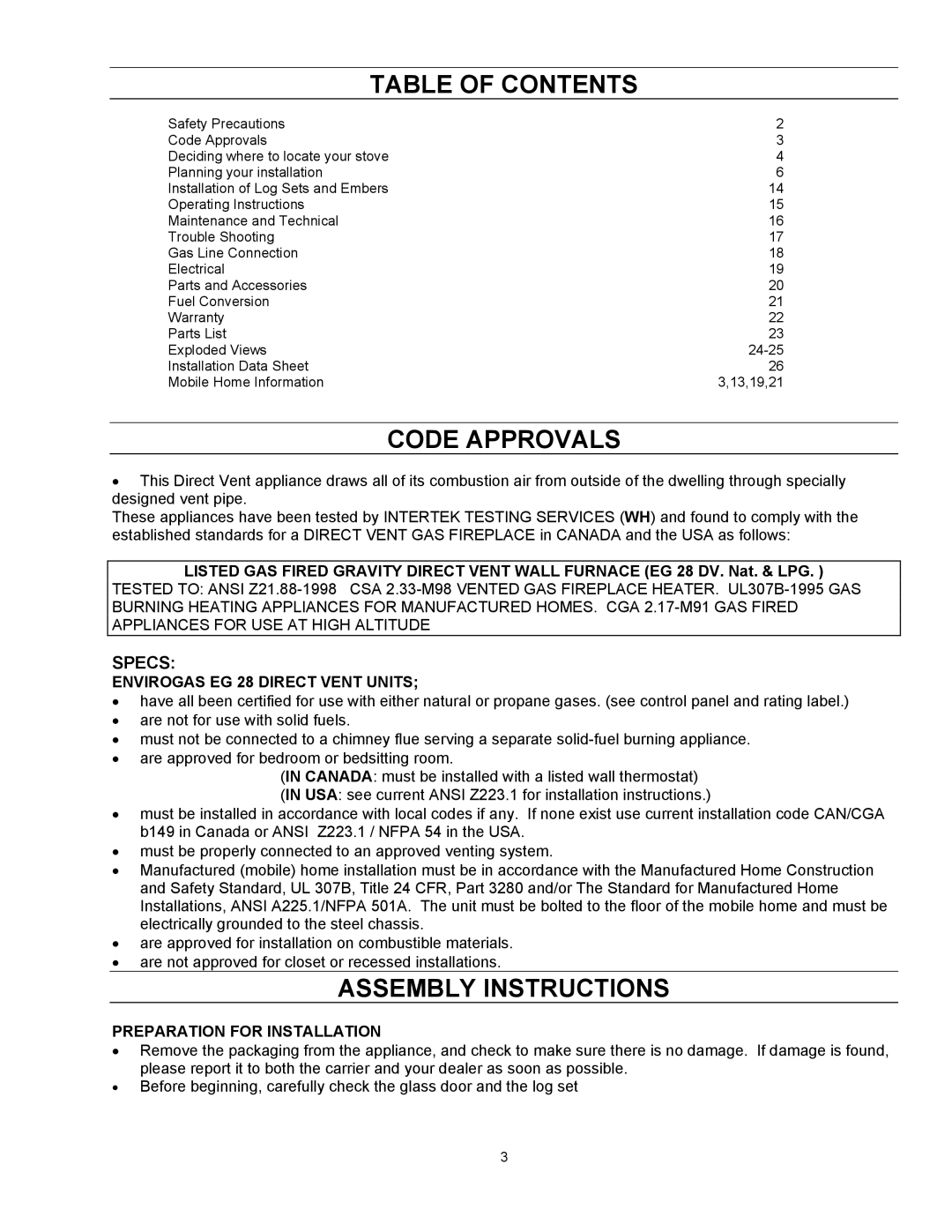 Enviro EG 28 owner manual Table of Contents, Code Approvals, Assembly Instructions 