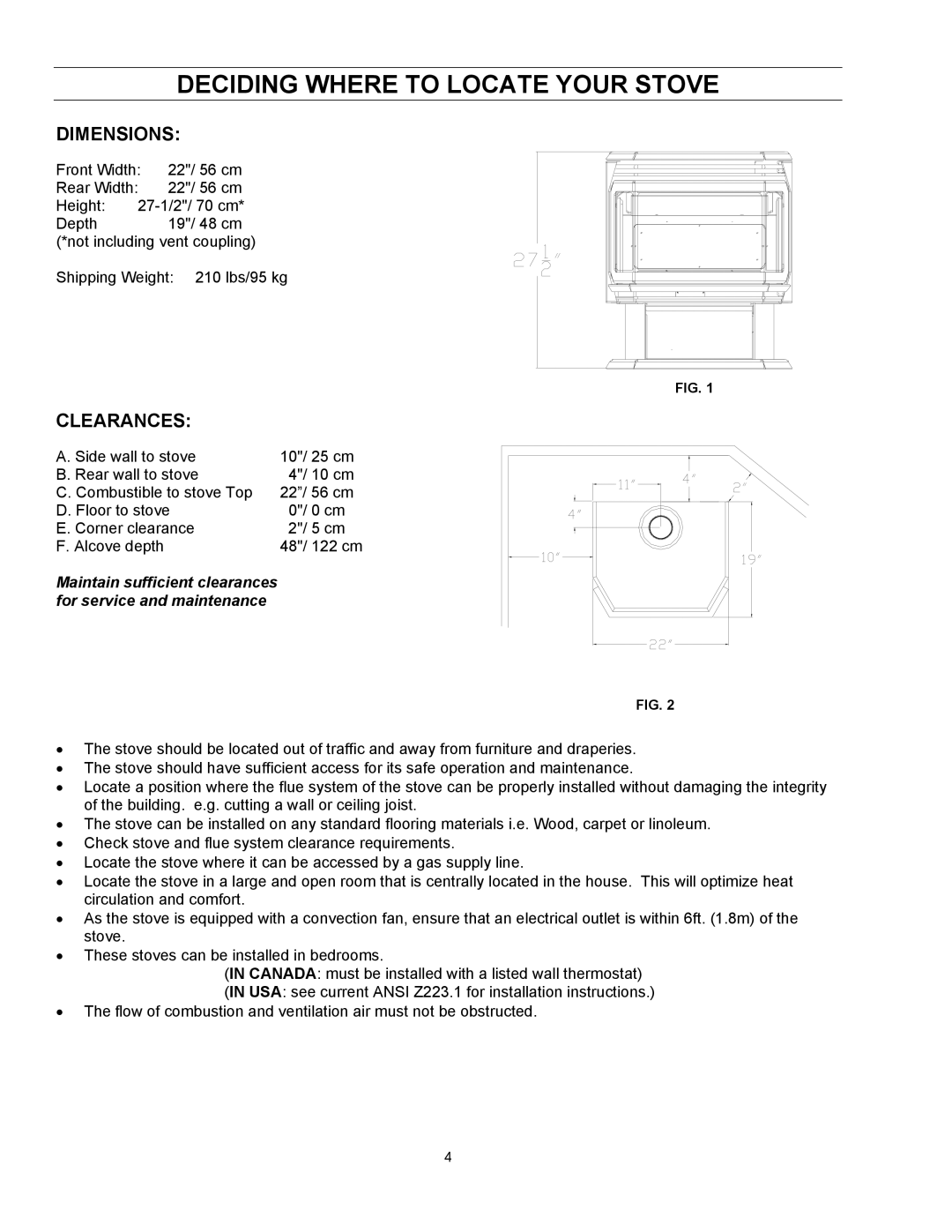 Enviro EG 28 owner manual Deciding Where to Locate Your Stove, Dimensions, Clearances 