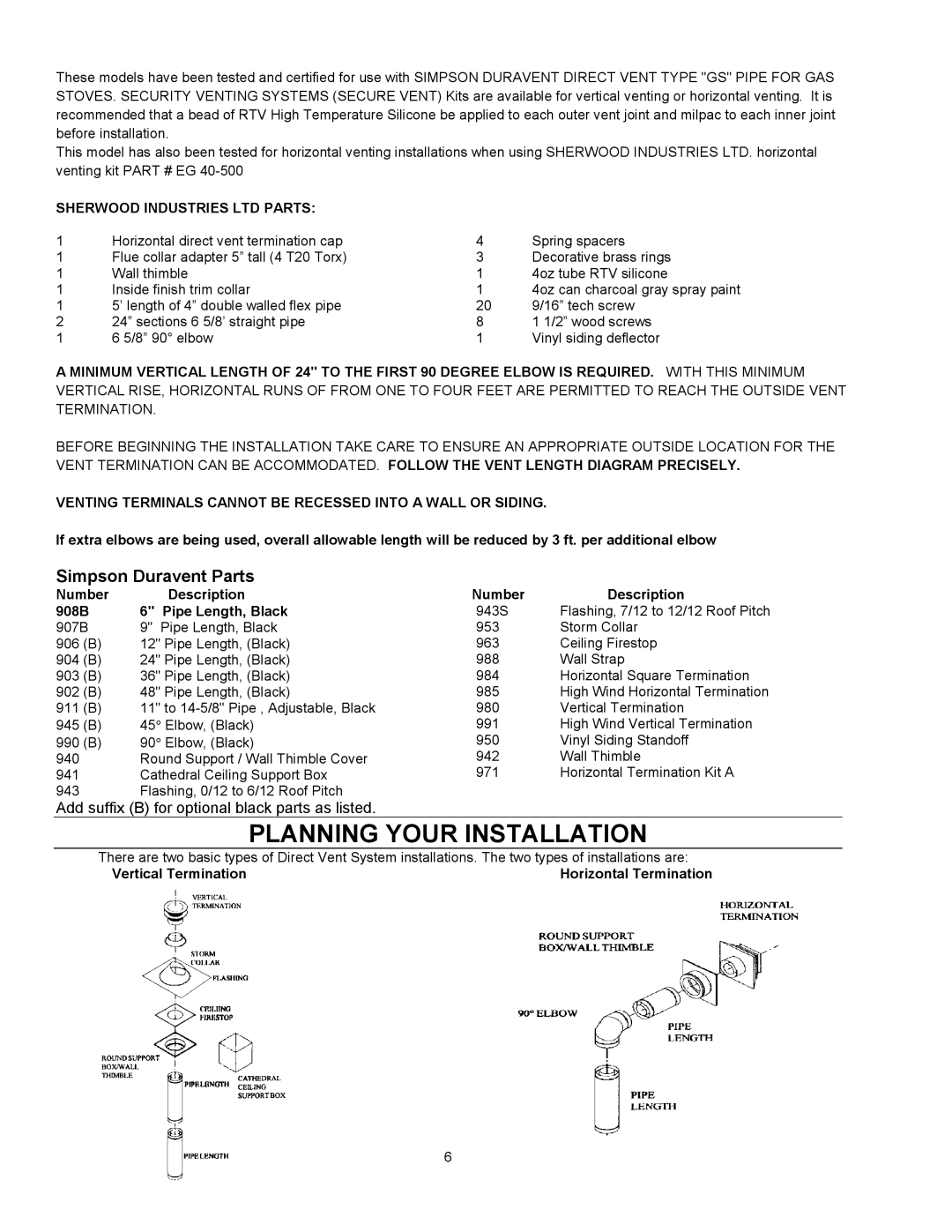 Enviro EG 28 owner manual Planning Your Installation, Simpson Duravent Parts 