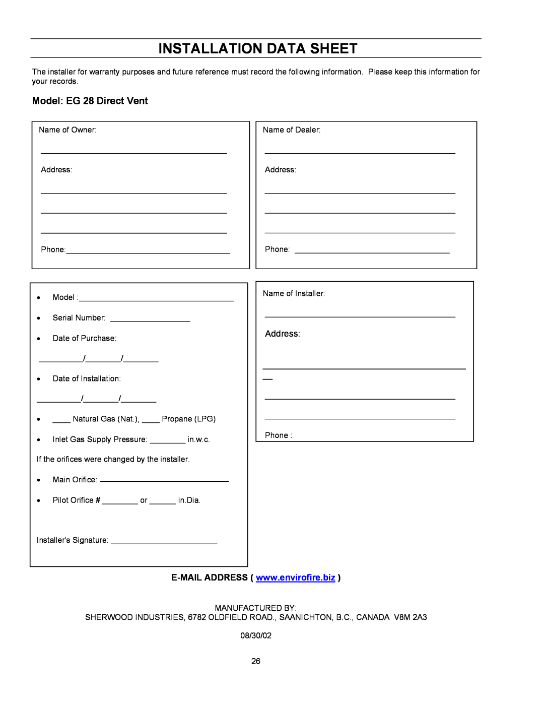 Enviro owner manual Installation Data Sheet, Model EG 28 Direct Vent 