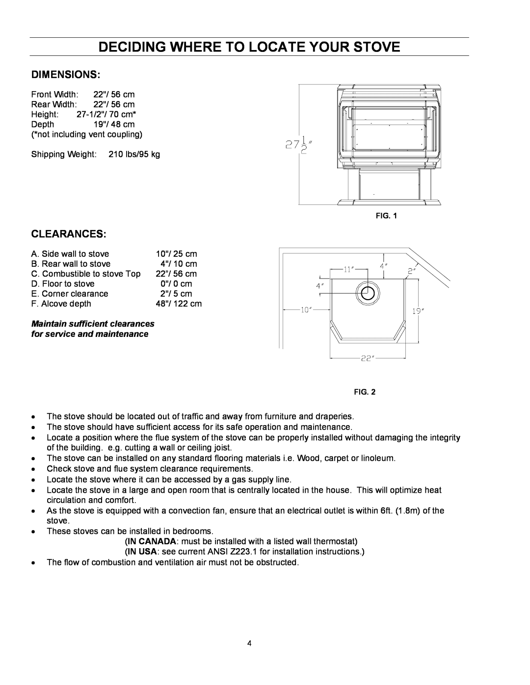 Enviro EG 28 owner manual Deciding Where To Locate Your Stove, Dimensions, Clearances 