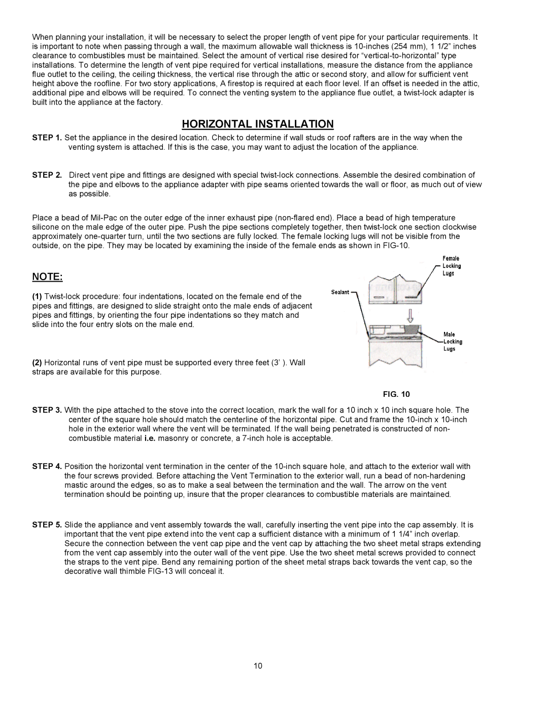 Enviro EG 33 owner manual Horizontal Installation 