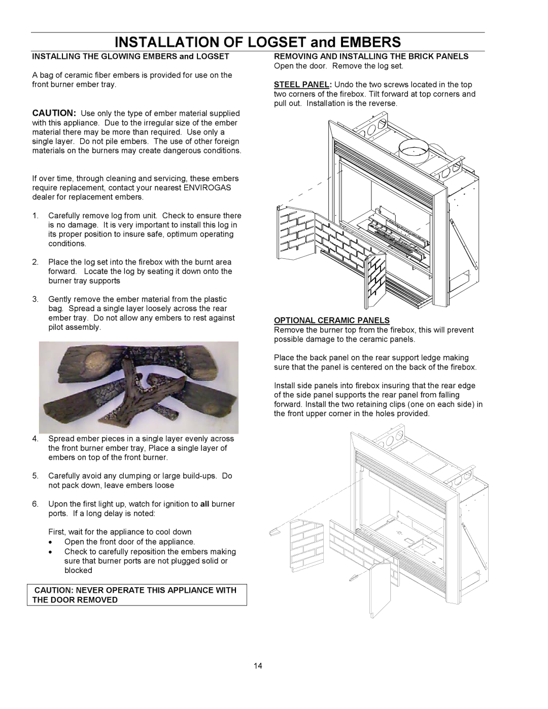 Enviro EG 33 owner manual Installation of Logset and Embers, Optional Ceramic Panels 