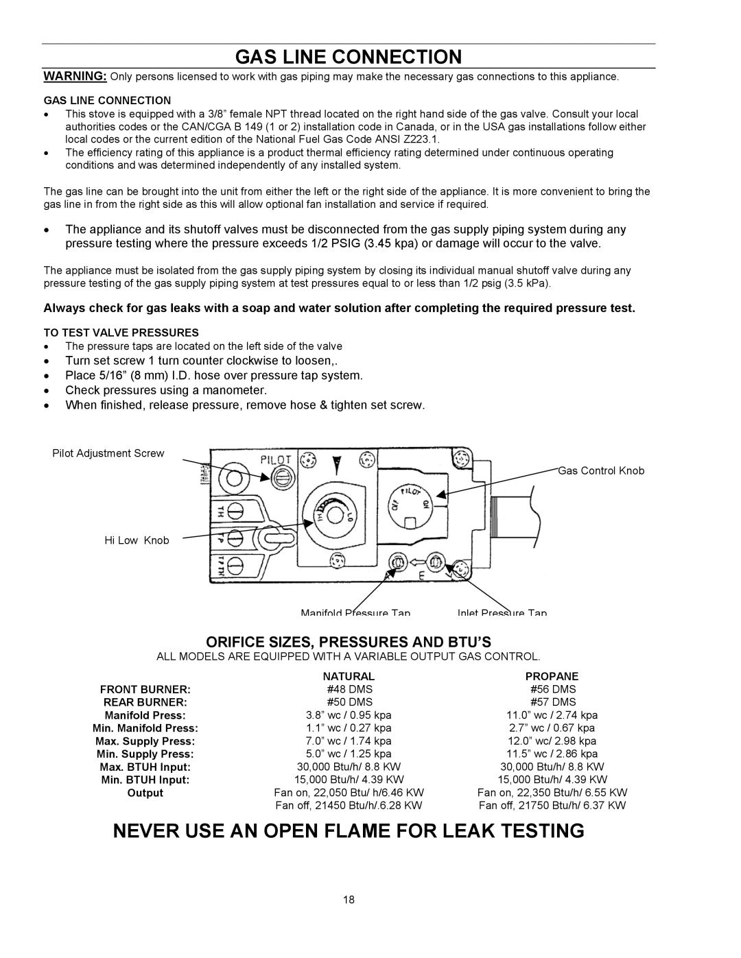 Enviro EG 33 owner manual GAS Line Connection, Never USE AN Open Flame for Leak Testing, Orifice SIZES, Pressures and BTU’S 