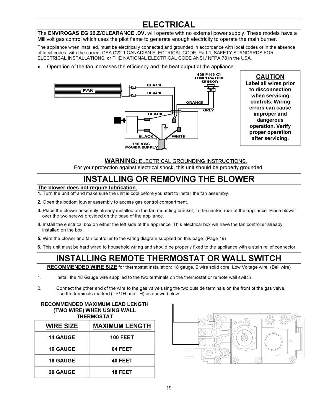 Enviro EG 33 owner manual Electrical, Installing or Removing the Blower, Installing Remote Thermostat or Wall Switch 