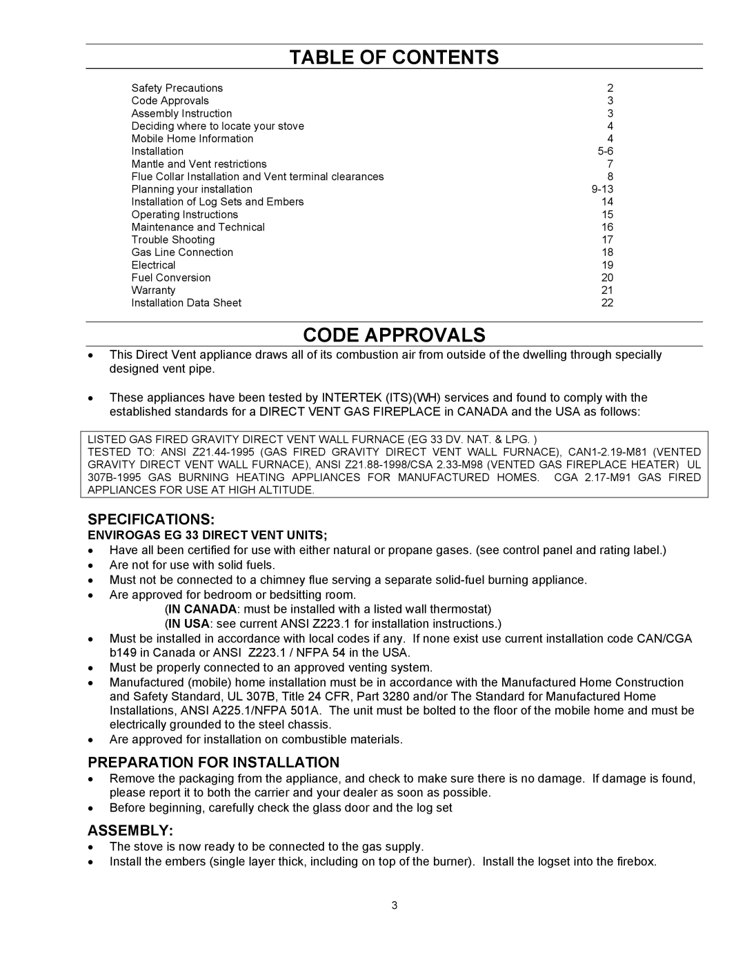 Enviro EG 33 owner manual Table of Contents, Code Approvals 