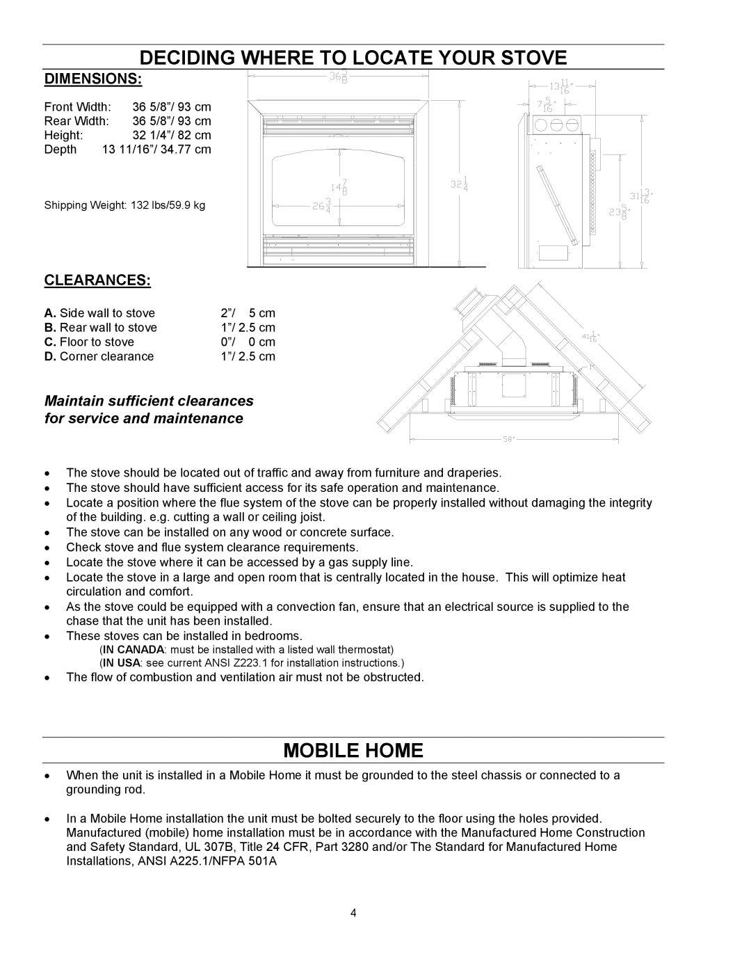 Enviro EG 33 owner manual Deciding Where to Locate Your Stove, Mobile Home, Dimensions, Clearances 