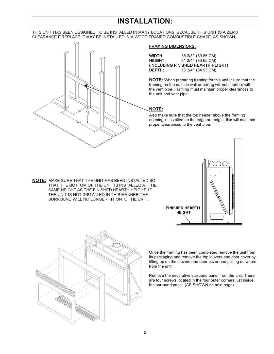 Enviro EG 33 owner manual Installation, Framing Dimensions, Including Finished Hearth Height 