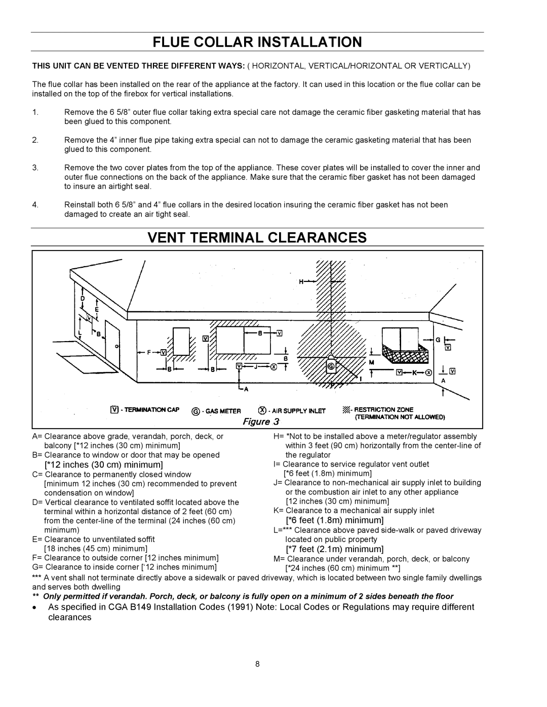 Enviro EG 33 owner manual Flue Collar Installation, Vent Terminal Clearances 