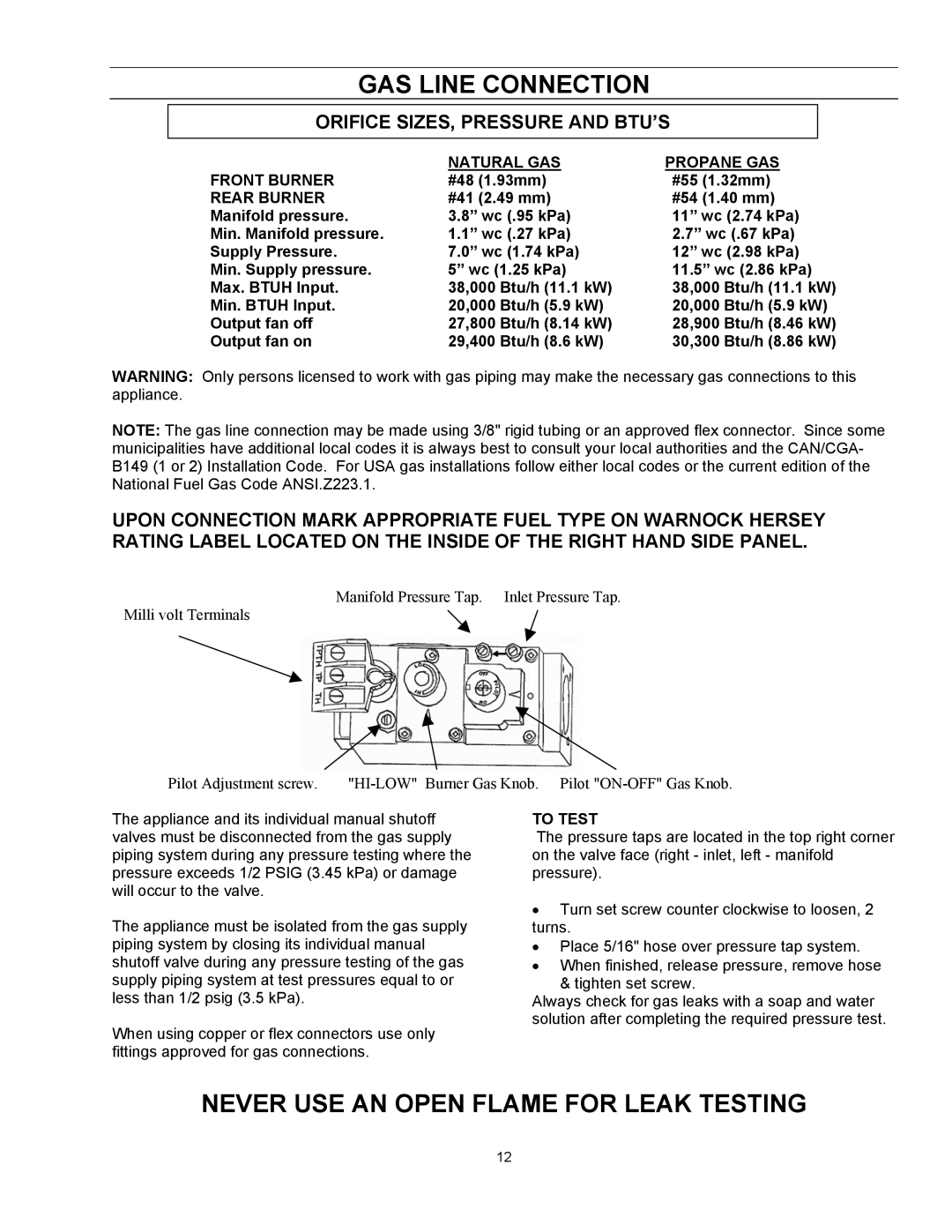 Enviro EG 40 B GAS Line Connection, Never USE AN Open Flame for Leak Testing, Orifice SIZES, Pressure and BTU’S 