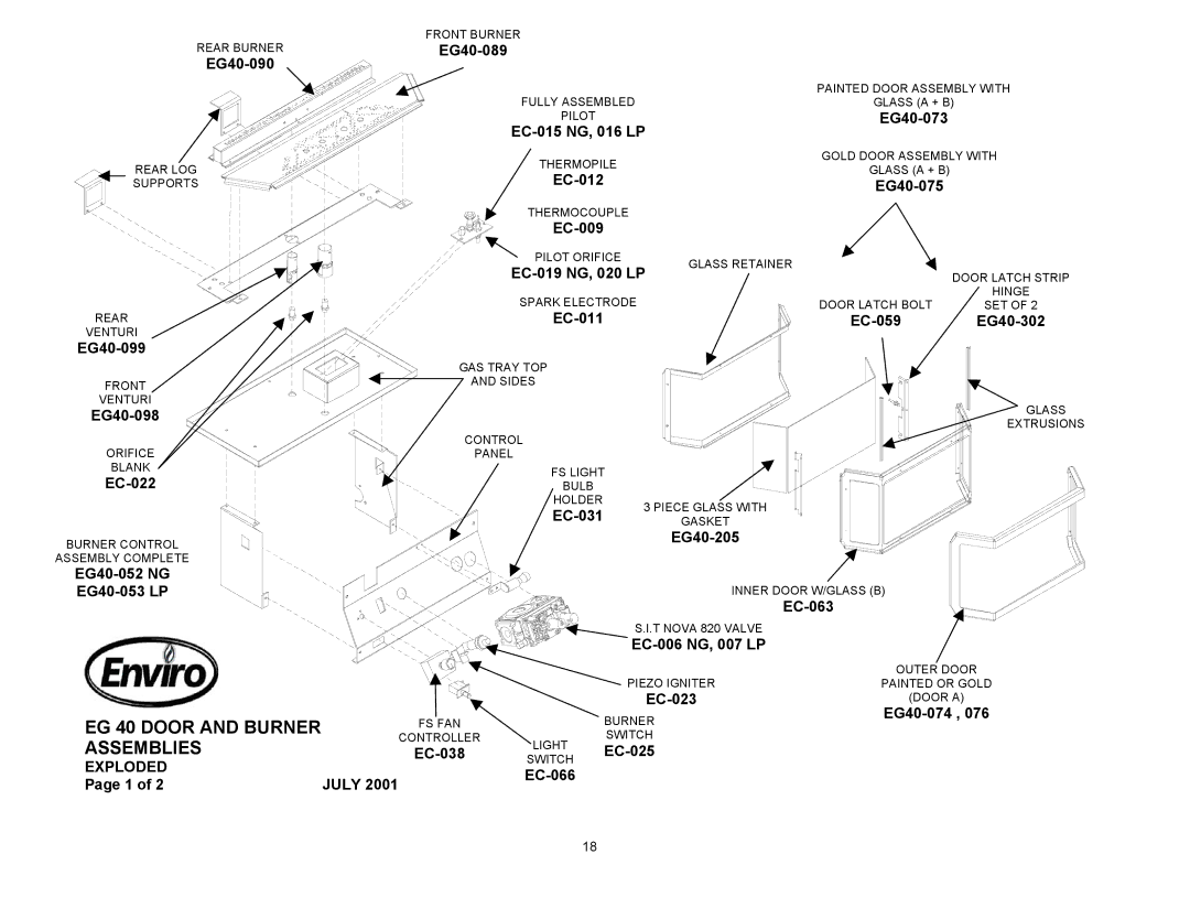 Enviro EG 40 B owner manual EG 40 Door and Burner Assemblies, EC-031 Gasket, Exploded 