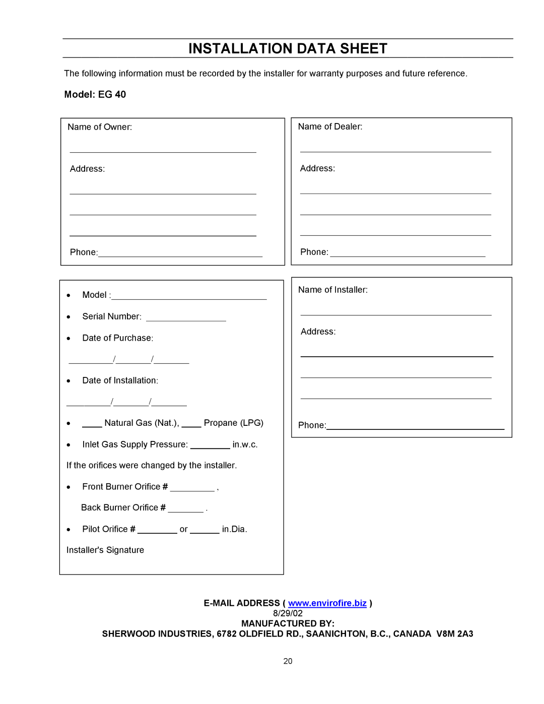 Enviro EG 40 B owner manual Installation Data Sheet, Model EG 