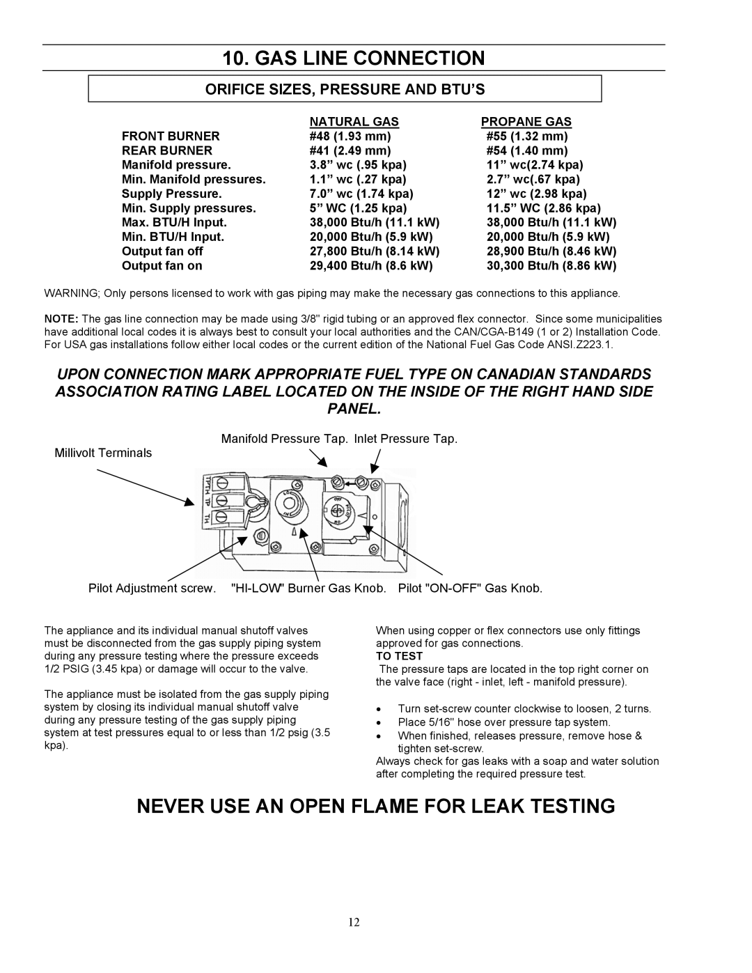 Enviro EG-40 GAS Line Connection, Never USE AN Open Flame for Leak Testing, Orifice SIZES, Pressure and BTU’S, Rear Burner 