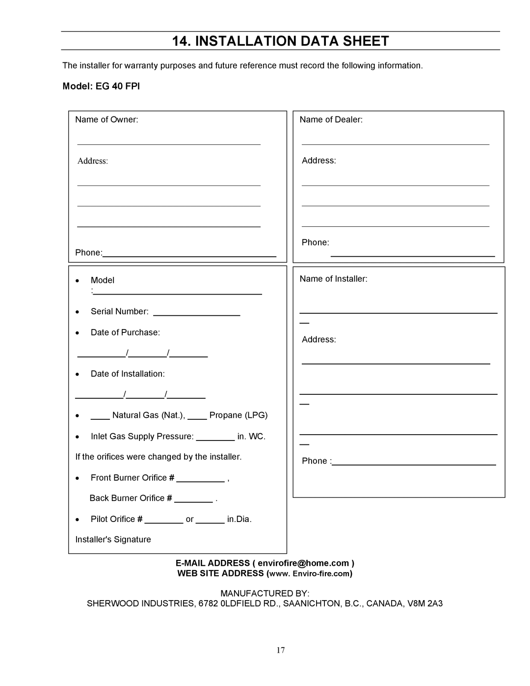 Enviro EG-40 owner manual Installation Data Sheet, Model EG 40 FPI 