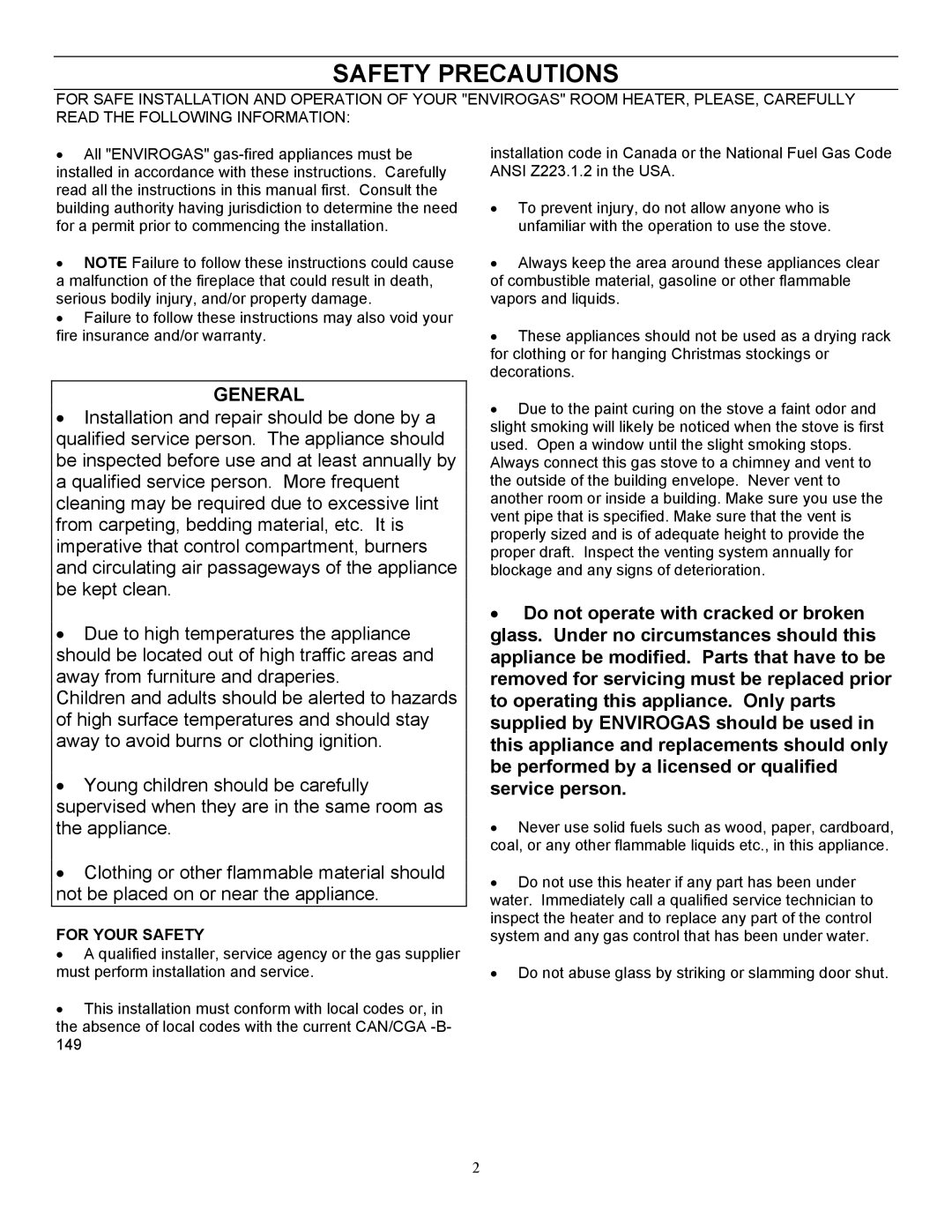 Enviro EG-40 owner manual Safety Precautions, General, For Your Safety 