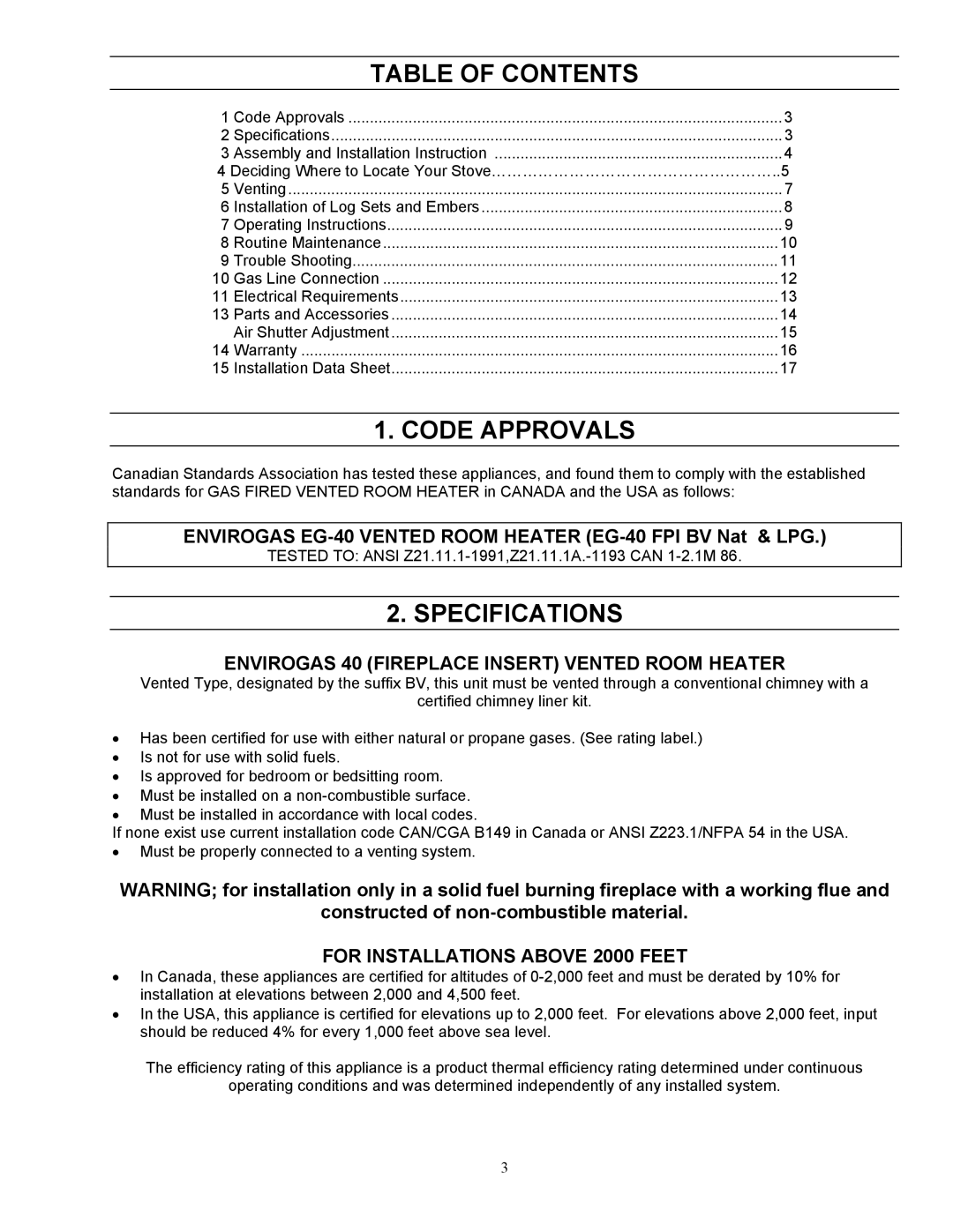 Enviro EG-40 owner manual Table of Contents, Code Approvals, Specifications 